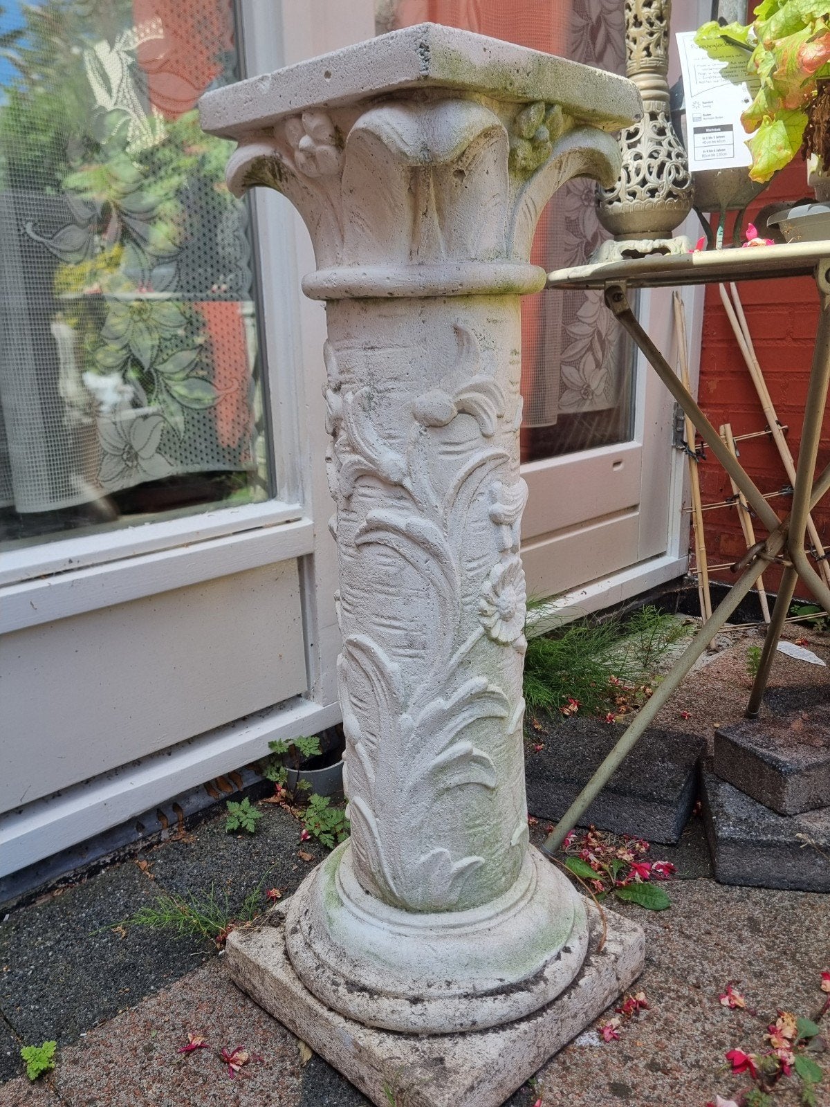 Betonnen holle zuil met bloem- en krulreliëf, 80 cm, Ophalen, Gebruikt