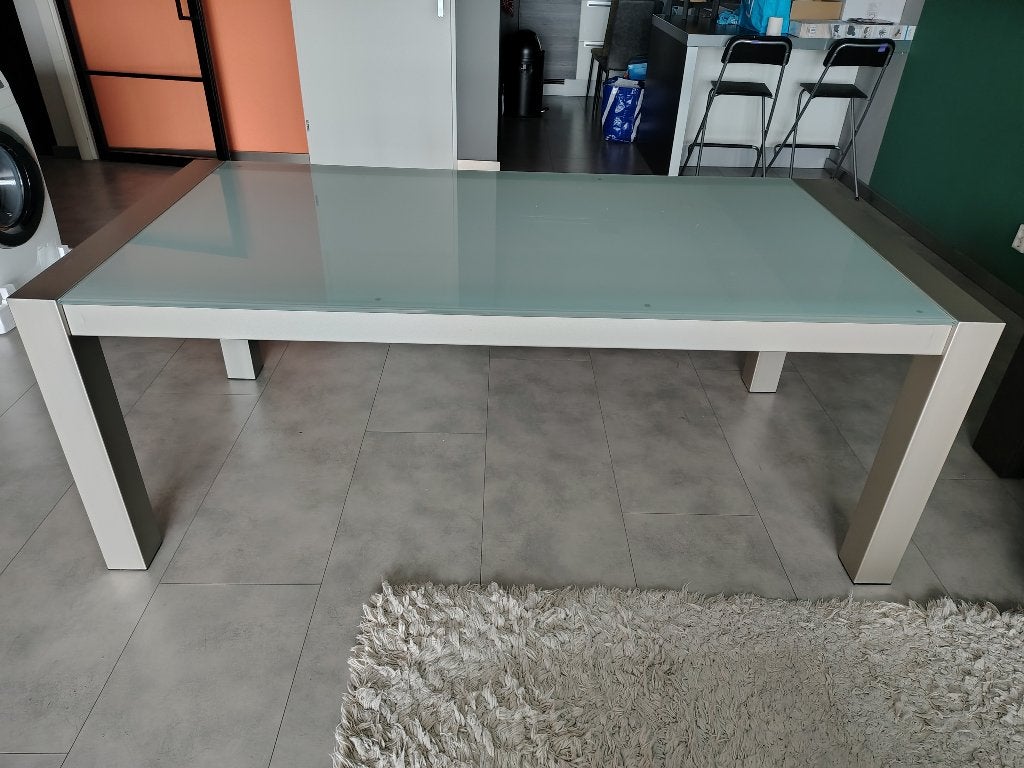 Robuuste Eettafel (200x100)–Zilver/Brons met Melkglas, Ophalen, Gebruikt, 100 tot 150 cm, 200 cm of meer
