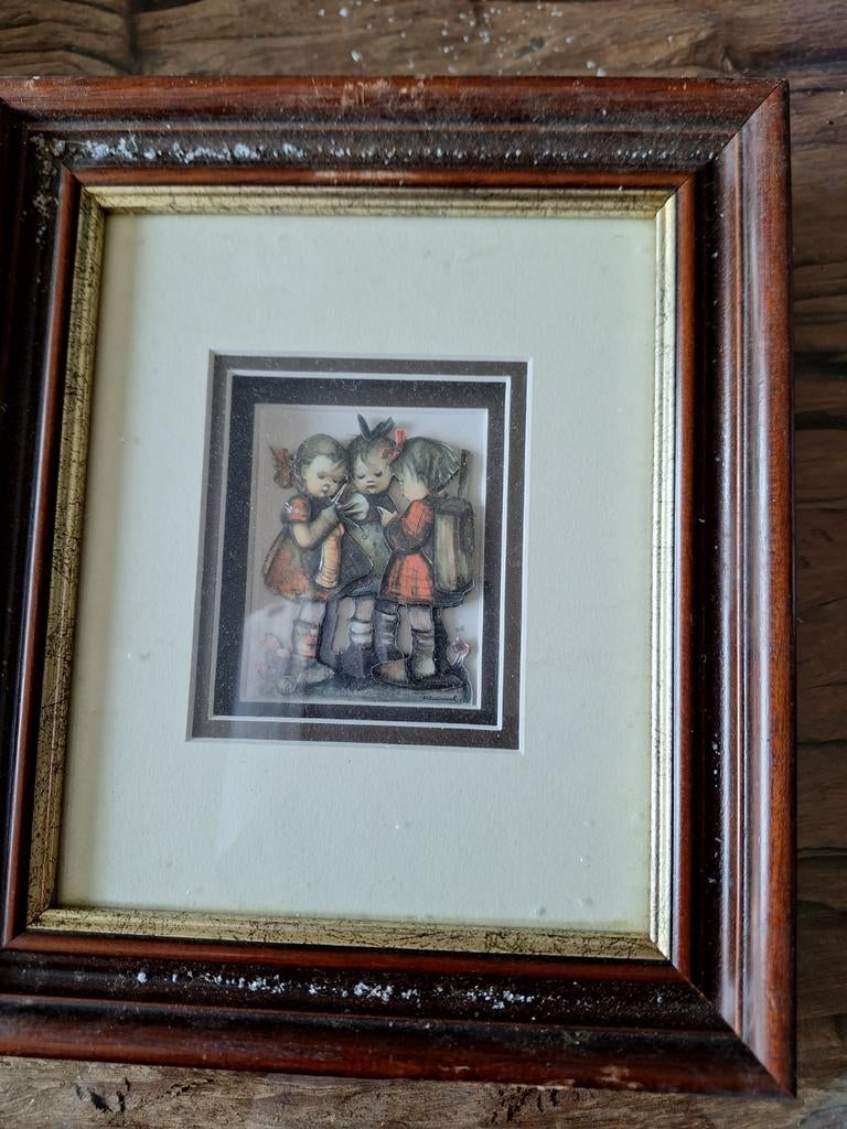 Vintage Hummel 3D-afbeelding in houten lijst, Groep mensen, Minder dan 20 cm, Ophalen of Verzenden, Handgemaakt