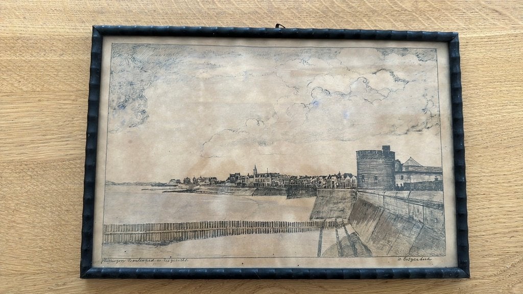Antieke/vintage pentekening: Vlissingen boulevard zeegezicht, Tekening, Stads- / dorpsgezicht, Vintage, Achter glas