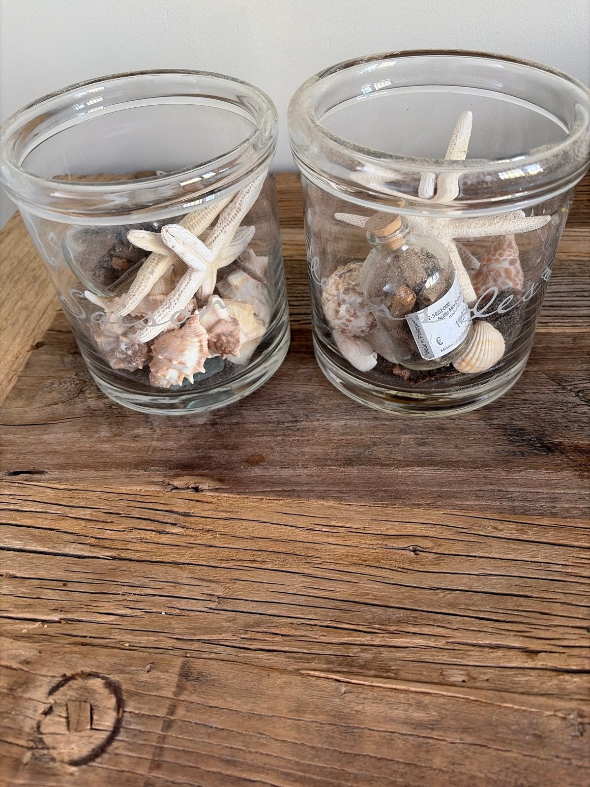 Riviera Maison decoratie: glazen potten met schelpen, Meerkleurig, Ophalen of Verzenden, Glas, Landelijk