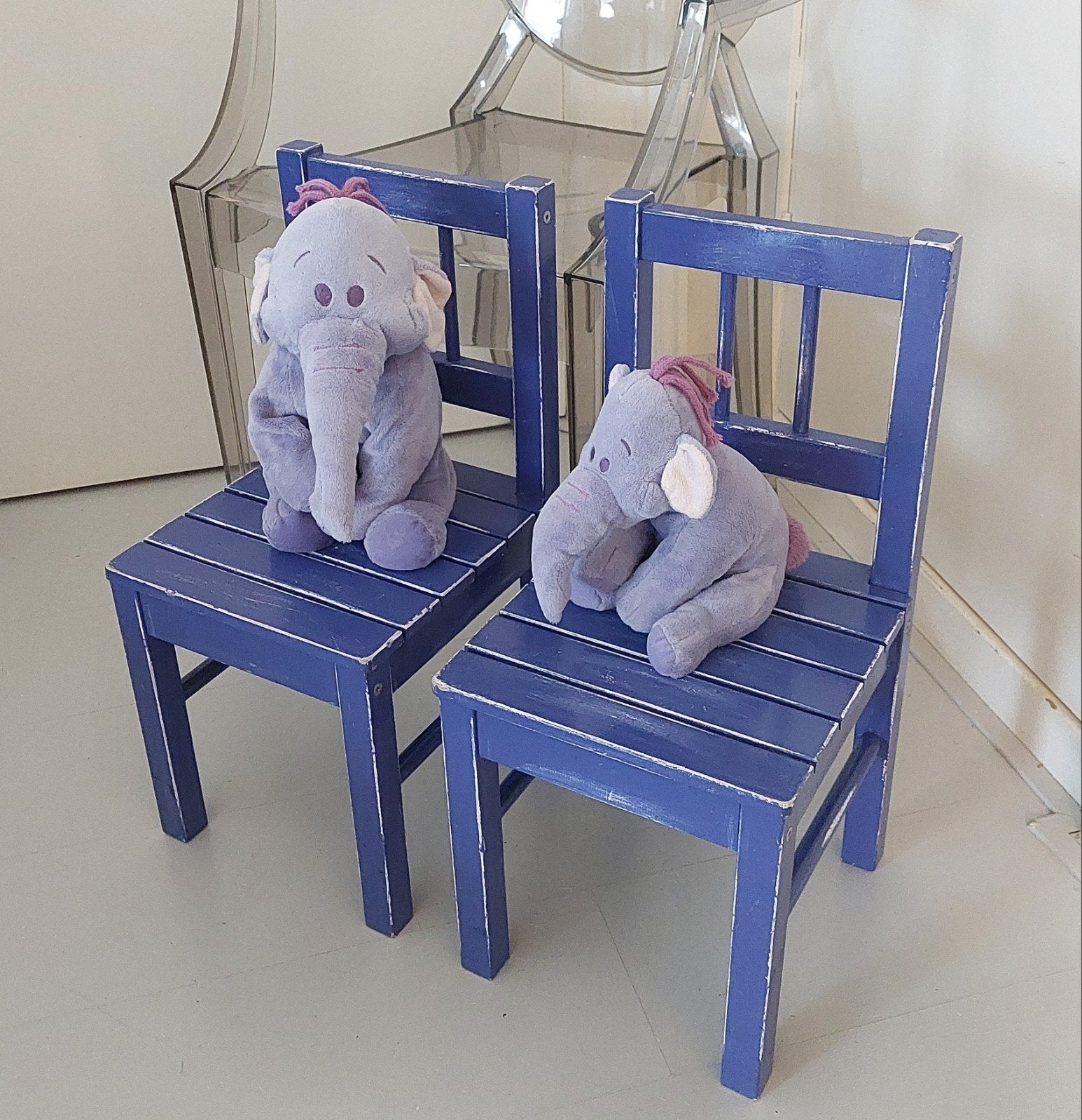 SET 2x Kinderstoel Stoeltje Hout Blauw Brocante Vintage, Kinderen en Baby's, Ophalen of Verzenden