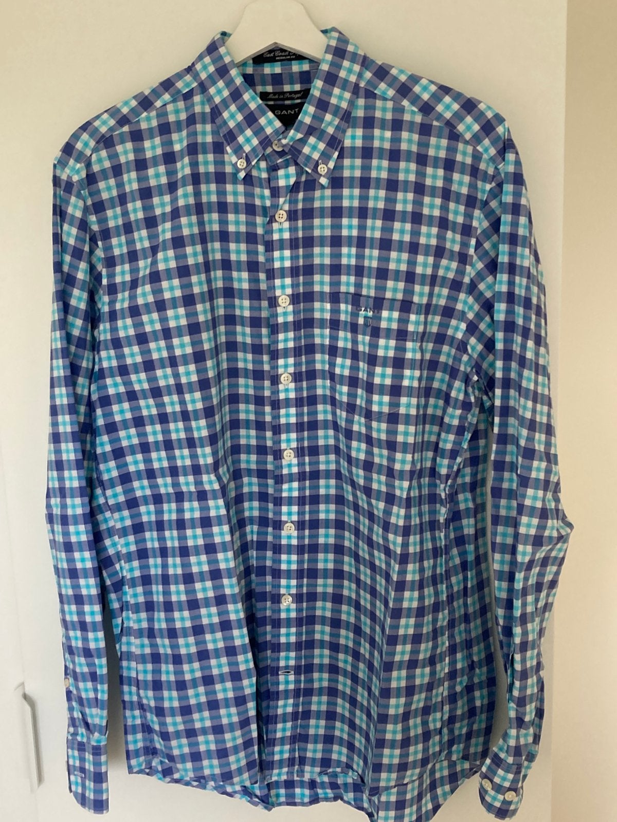 Overhemd maat L Gant blauwe ruit, Ophalen of Verzenden, Zo goed als nieuw, Blauw, Halswijdte 41/42 (L)