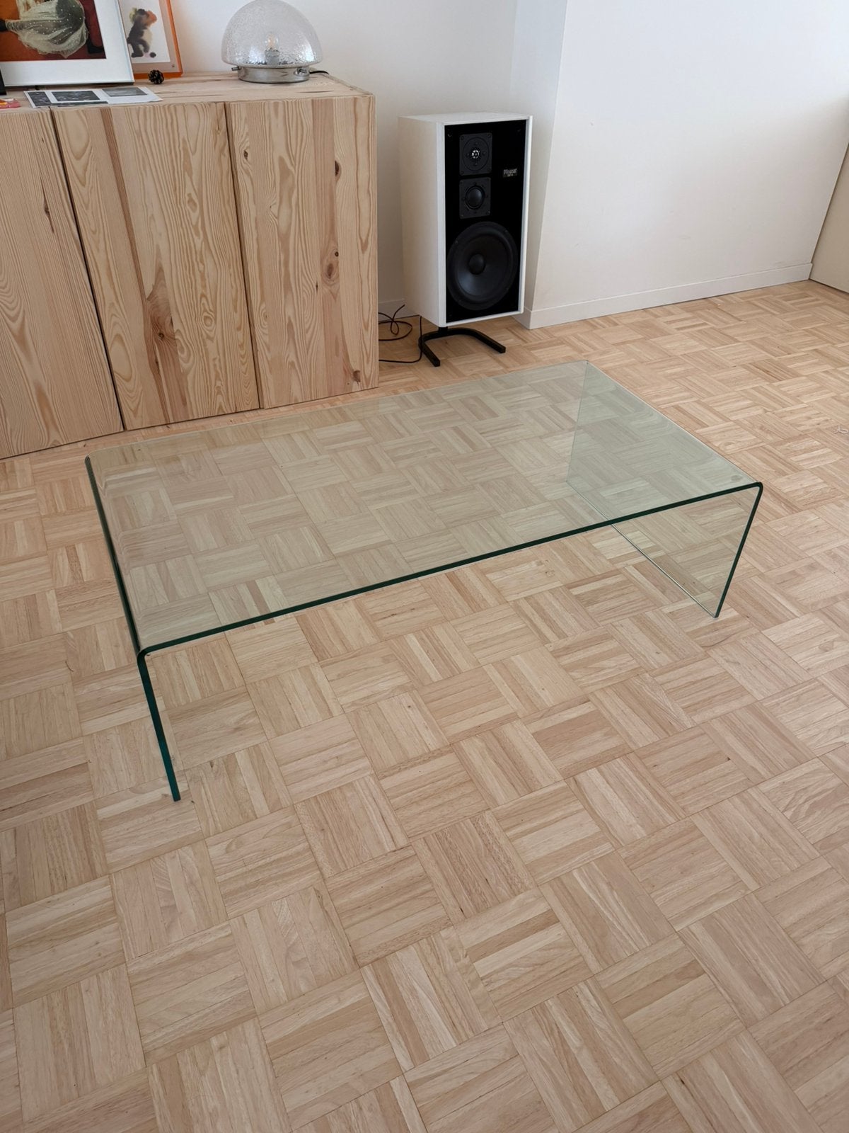 Vintage salontafel van gebogen glas – Italiaans designstijl, Ophalen, 100 tot 150 cm, 50 tot 100 cm, Rechthoekig