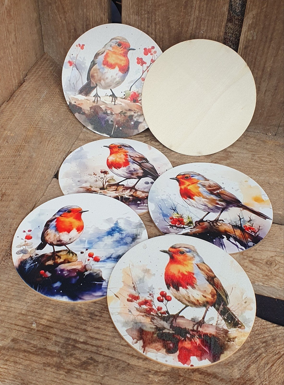 Onderzetters met Roodborstje print - diameter 10 cm, Ophalen of Verzenden, Hout