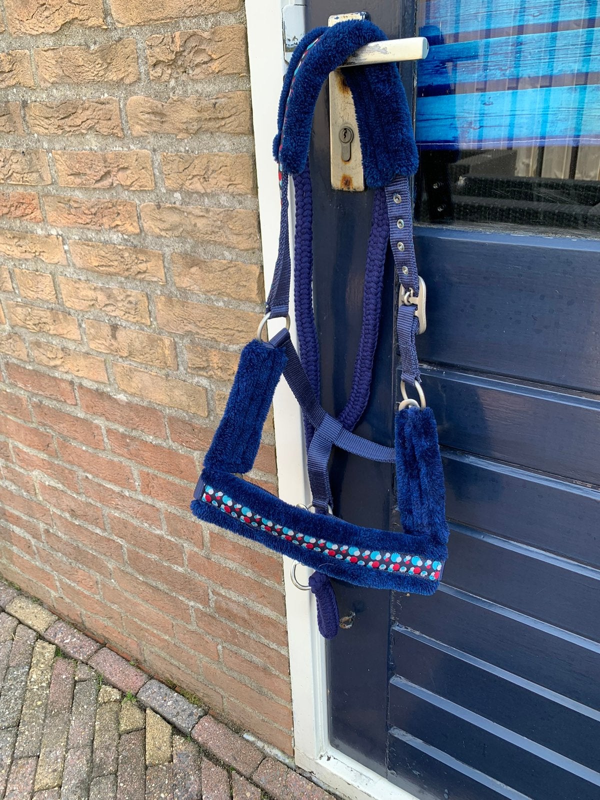 Halster met bont + touw pony, Blauw, Halster, Ophalen of Verzenden, Pony