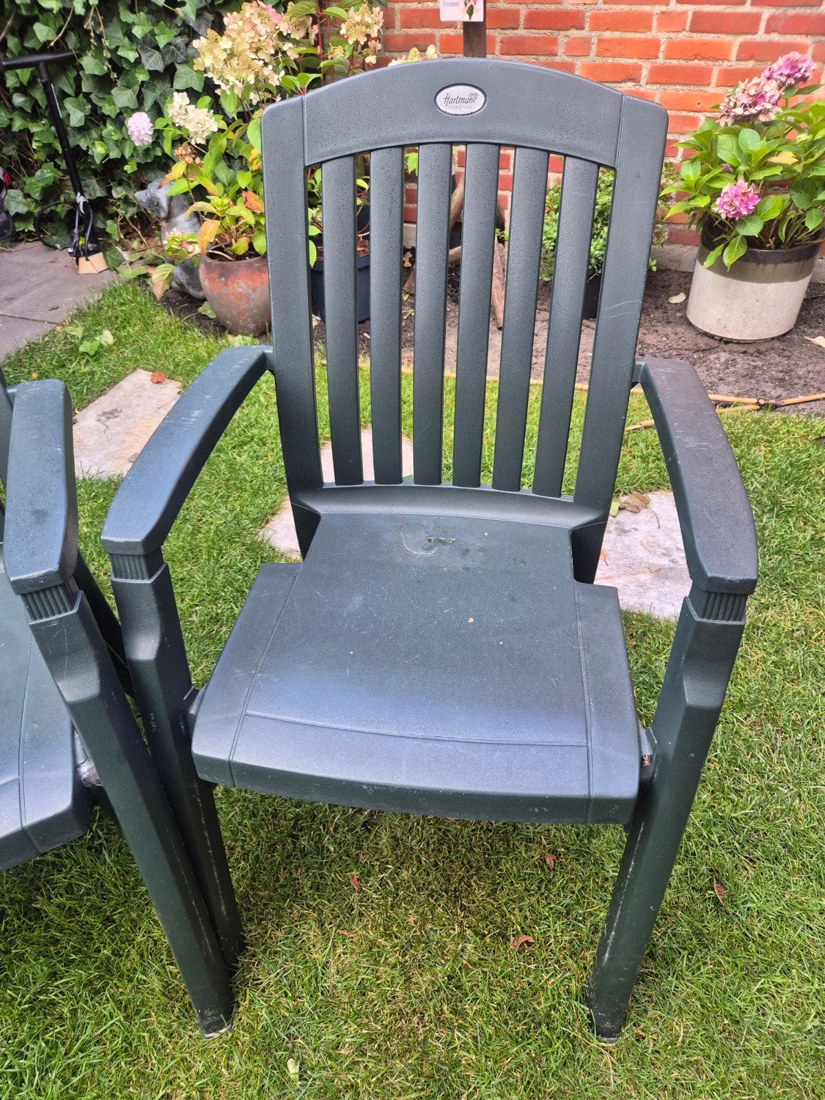 Groene tuinstoelen van kunststof (set van 3), Ophalen of Verzenden, Gebruikt, Kunststof, Stapelbaar