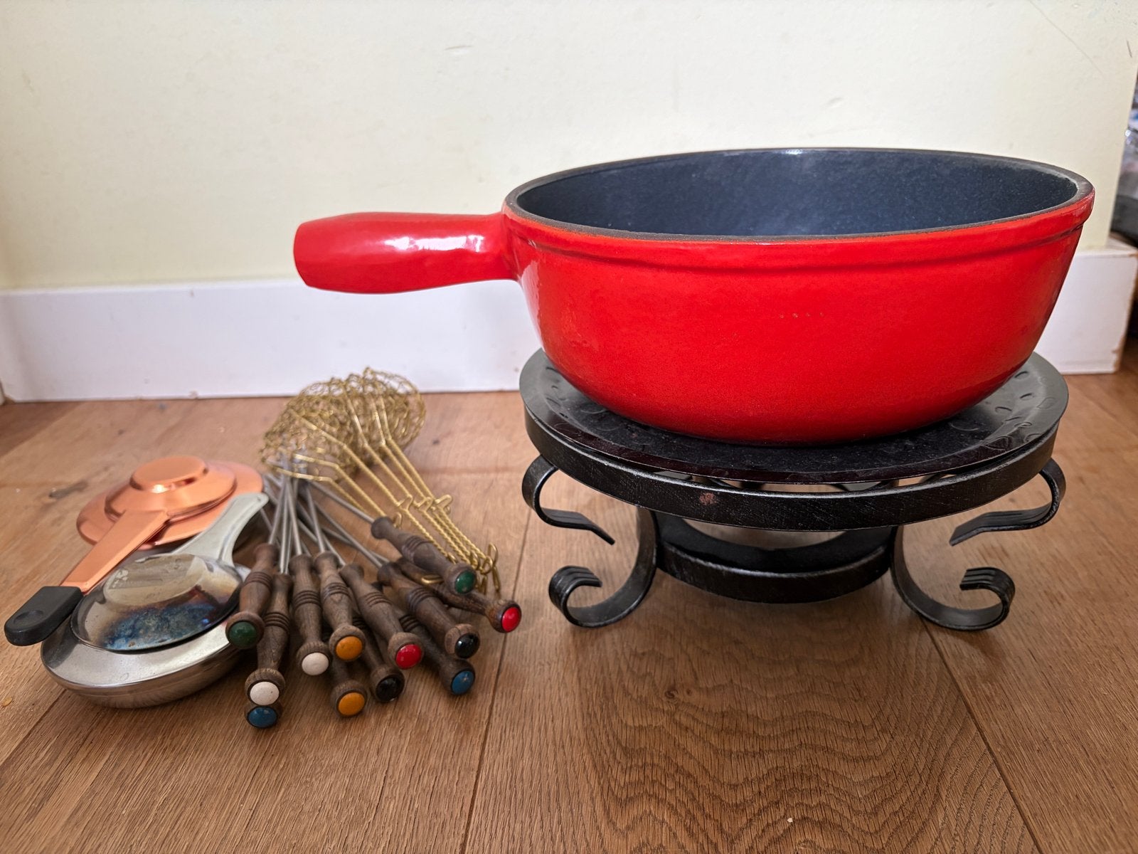 Originele Zwitserse Fonduepan met Complete Set, Ophalen, Zo goed als nieuw, Brander, Fonduepan