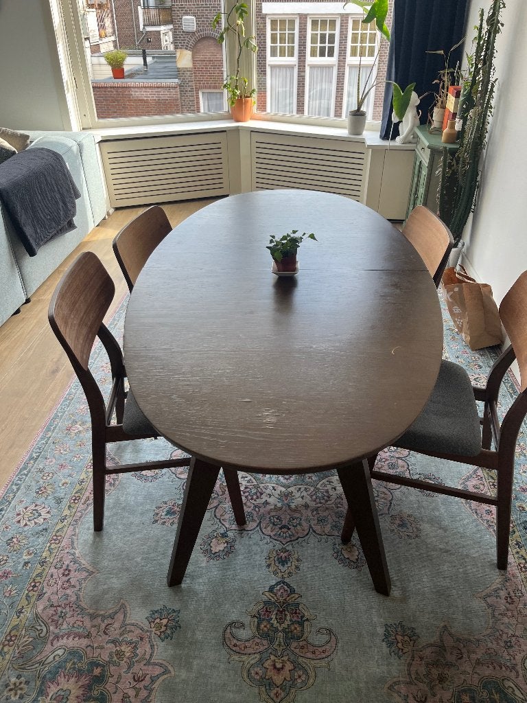 Uitschuifbare eiken eettafel, Scandinavisch design 6-8p, Ophalen, Scandinavisch design, Gebruikt, Eikenhout