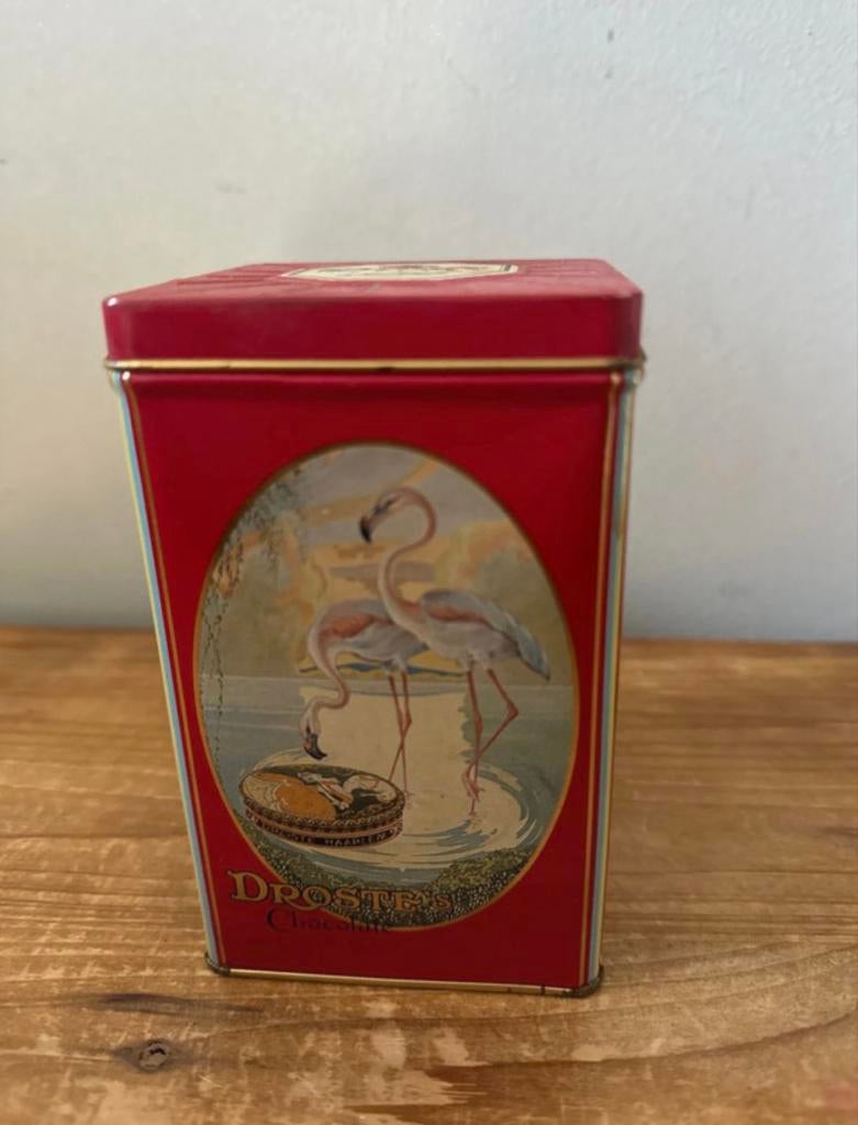 Vintage Droste bewaarblik met flamingo's - 125 jaar editie, Verzamelen, Blikken, Ophalen of Verzenden, Gebruikt, Overige, Droste