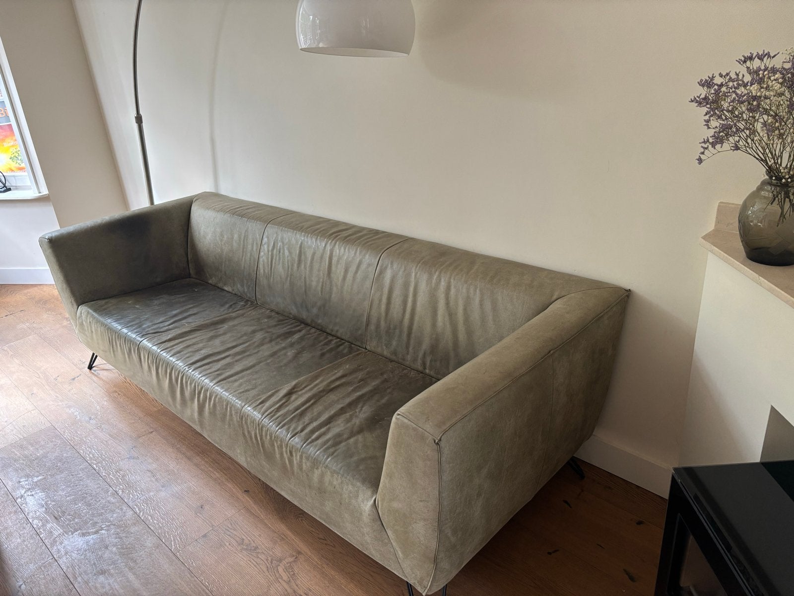 Vintage bank Lasas en Loekov met poef - Groen leer, Ophalen, 250 tot 300 cm, Gebruikt, Driepersoons