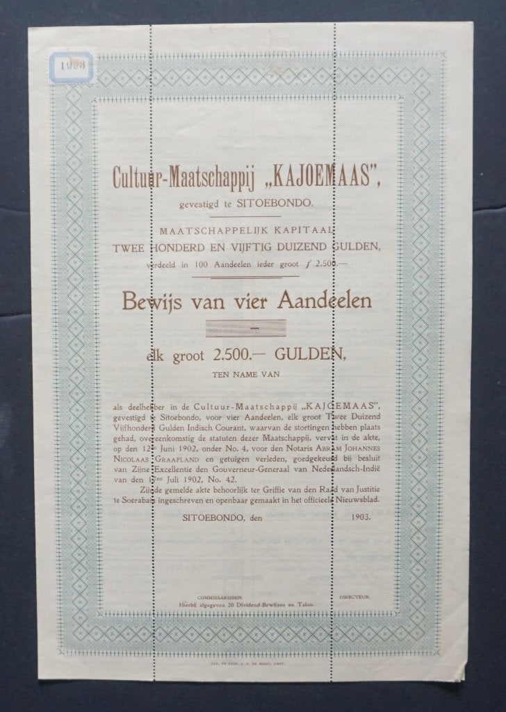 Cultuur Maatschappij Kajoemaas (Koffie) te Sitoebondo 1903, Verzenden, Voor 1920, Aandeel