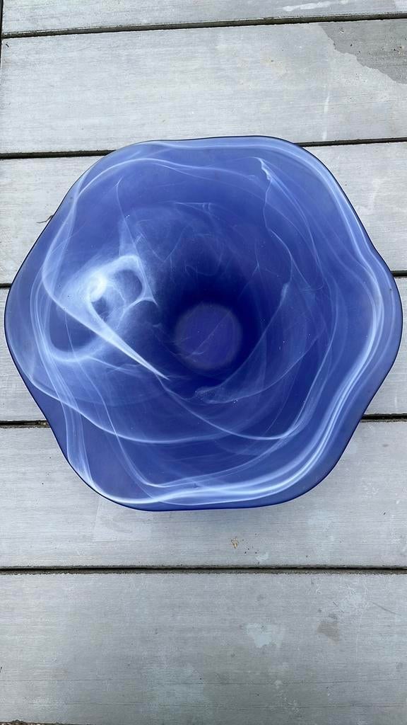 6 hoekige blauwe glazen schaal met witte draden., Ophalen of Verzenden, Zo goed als nieuw