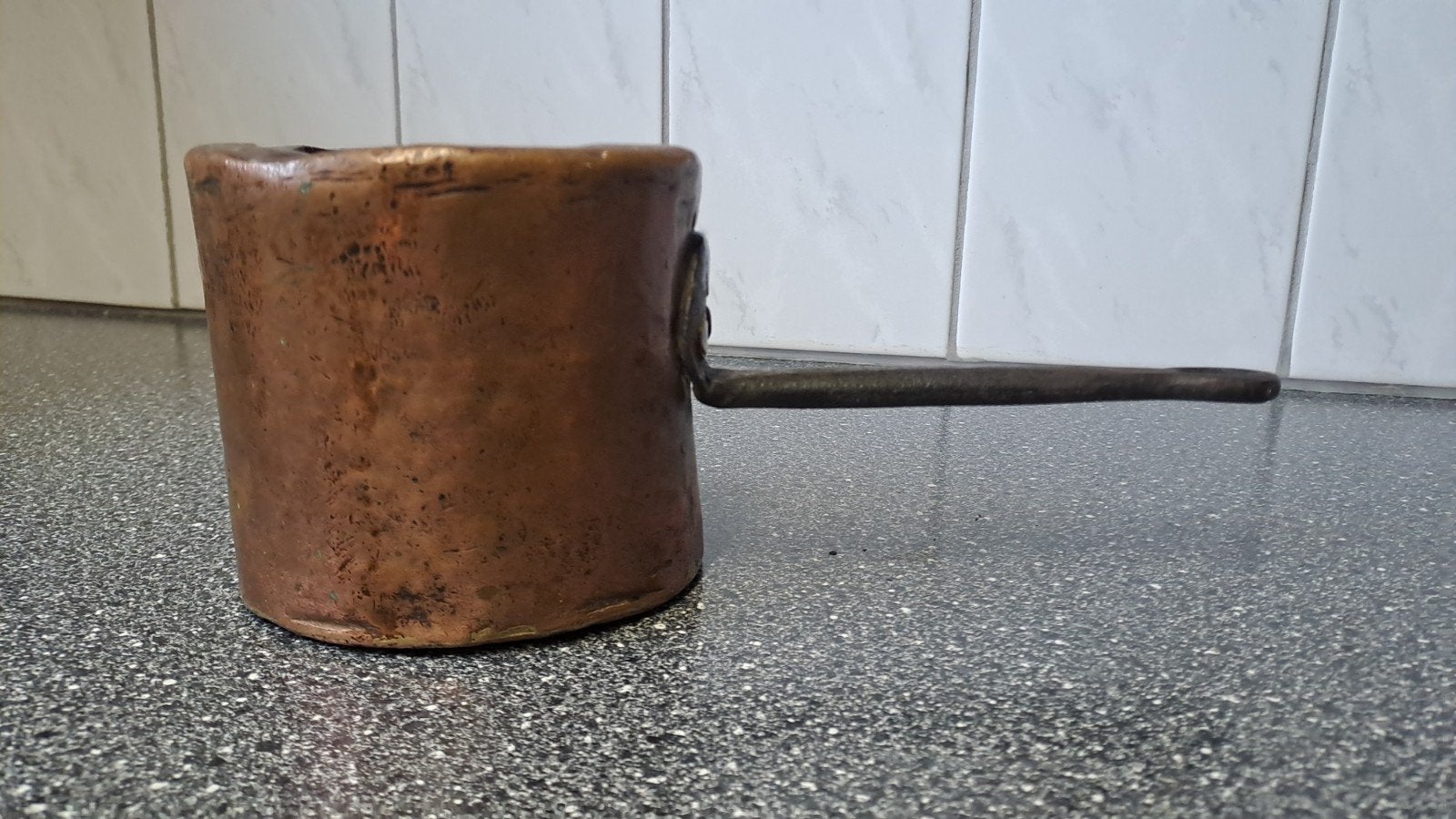 Antieke koperen pan met ijzeren handvat, Antiek en Kunst, Ophalen of Verzenden, Koper