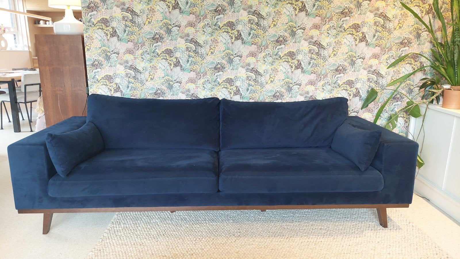 Donkerblauwe velours 3-zitsbank - incl bezorging regio Delft, Hout, Modern, Scandinavisch, Driepersoons, 75 tot 100 cm