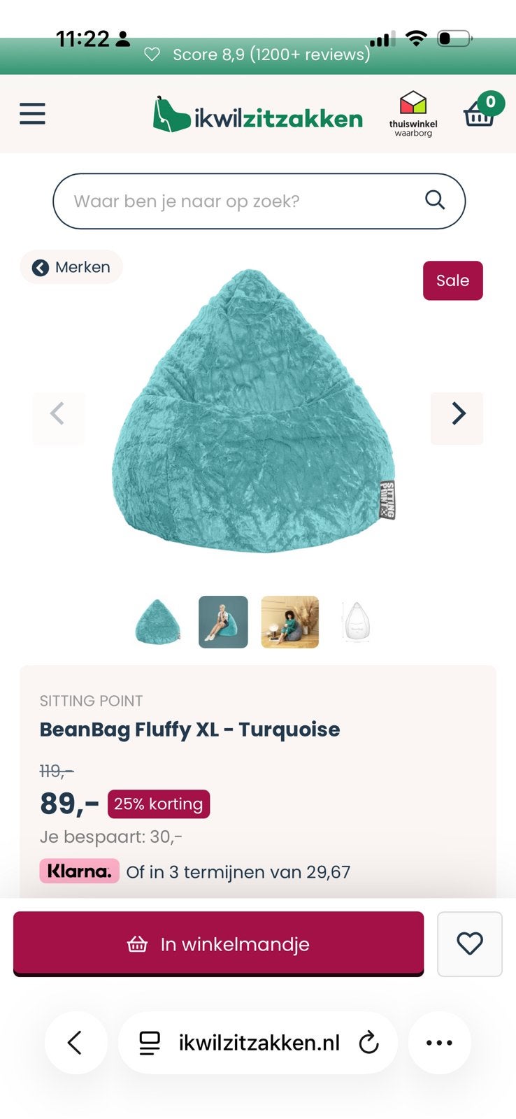 Sittingpoint zitzak XL turquoise, Ophalen, Zo goed als nieuw