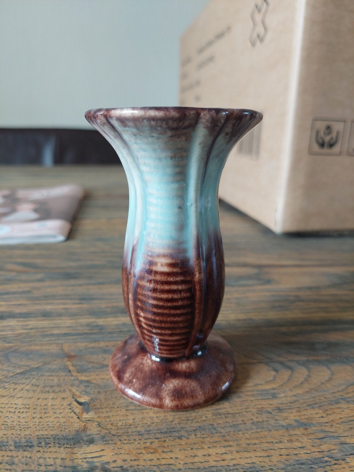 Vintage Keramieken Vaasje Turquoise/Bruin - Mid-Century, Antiek en Kunst, Ophalen of Verzenden