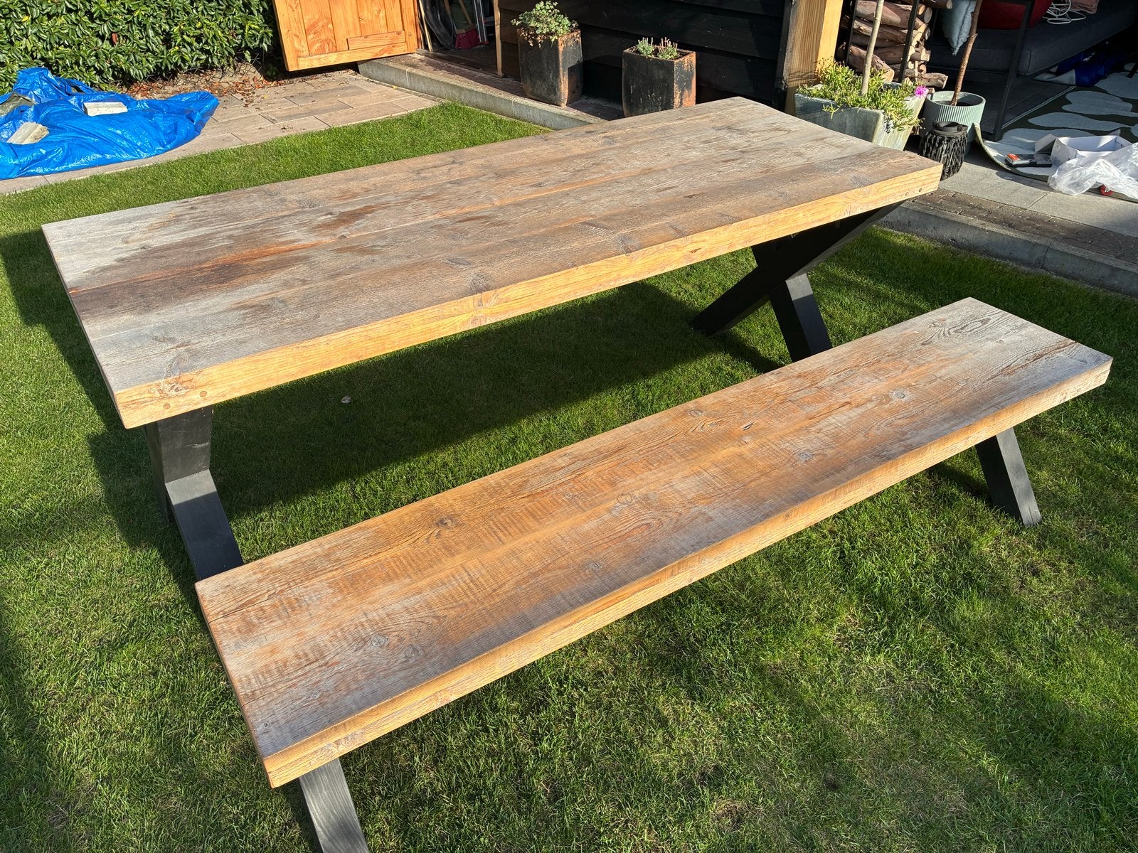 Robuuste steigerhouten picknicktafel met bankje, Tuin en Terras, Ophalen of Verzenden, Gebruikt, Rechthoekig, Hout