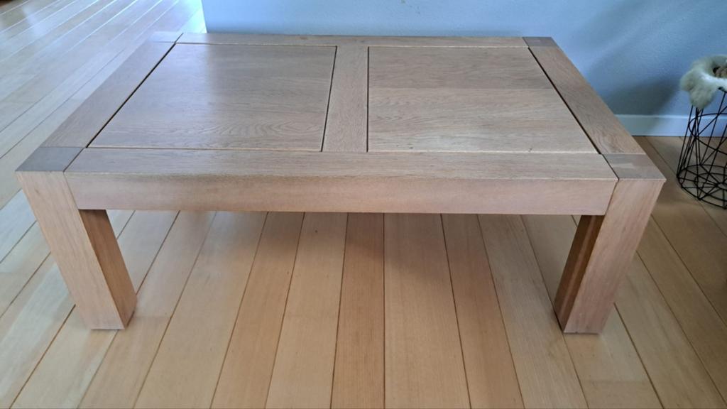 Eiken salontafel, eettafel en 6 zwart leren stoelen, Ophalen, Rechthoekig, 50 tot 100 cm, Minder dan 50 cm