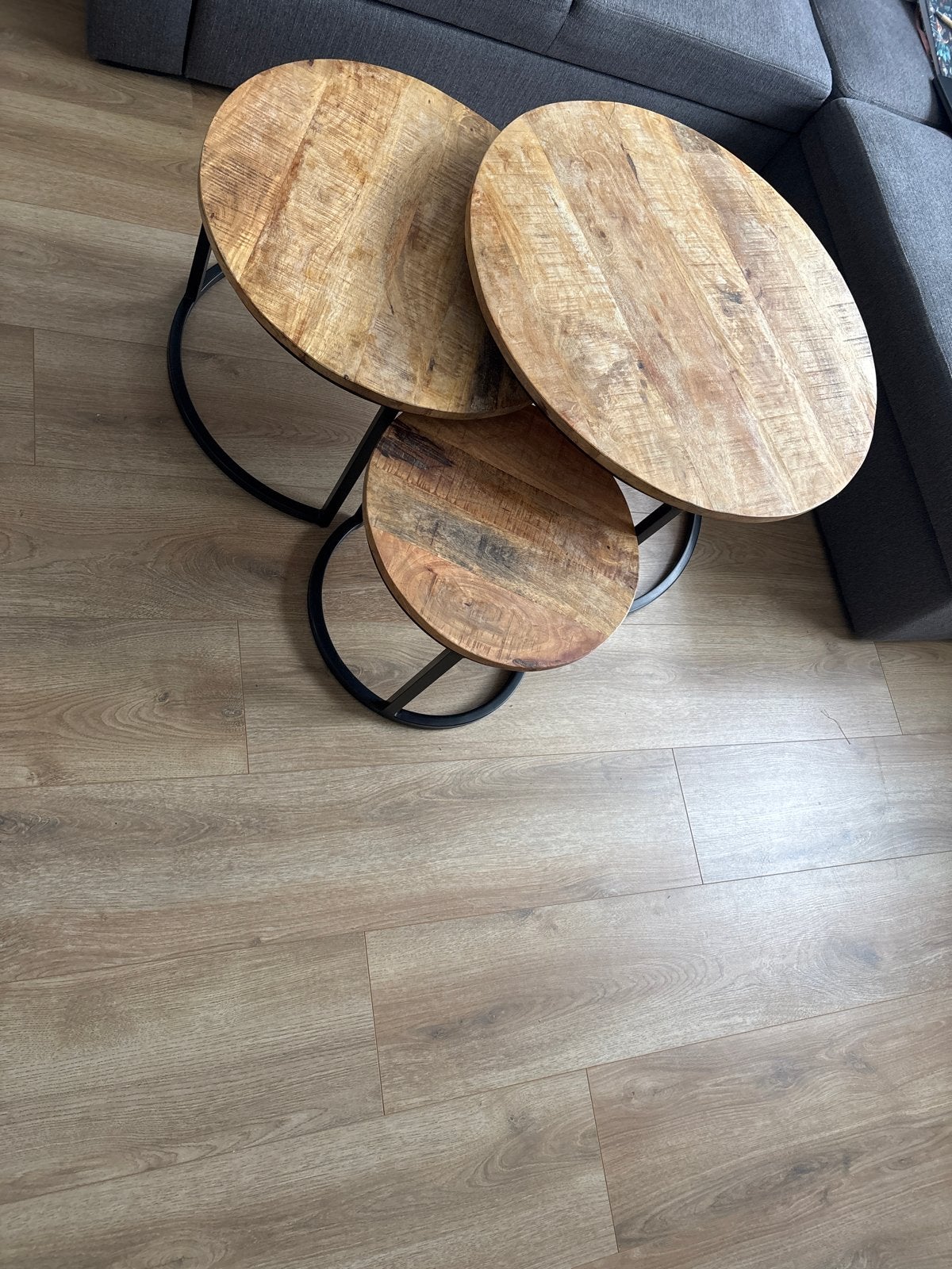 Industriële Salontafelset - Mangohout & Metaal (3 stuks), Ophalen, Gebruikt, 50 tot 100 cm, Rond