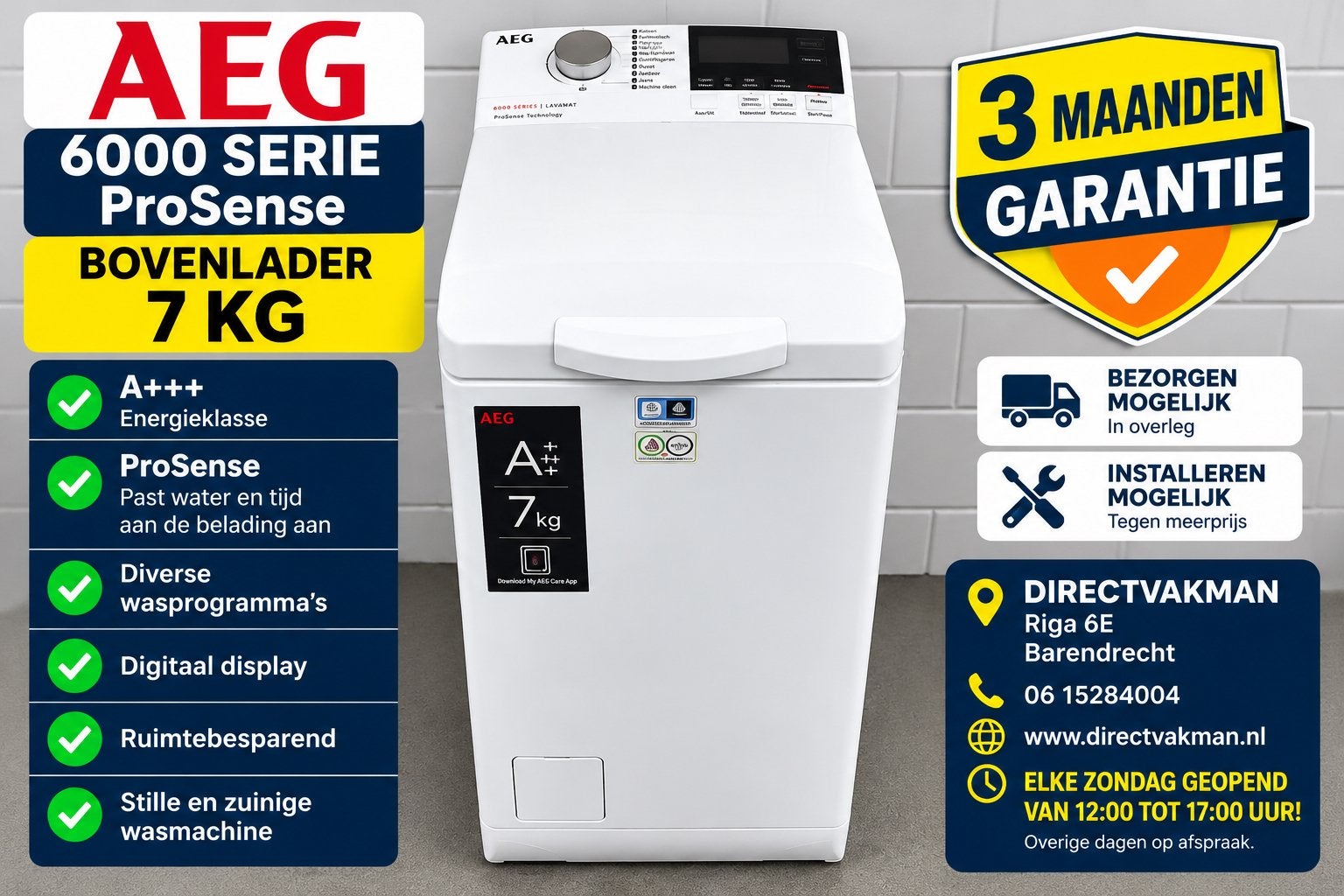AEG 6000 ProSense Bovenlader 7KG A+++ Refurbished, Witgoed en Apparatuur, Ophalen of Verzenden, Zo goed als nieuw, 85 tot 90 cm