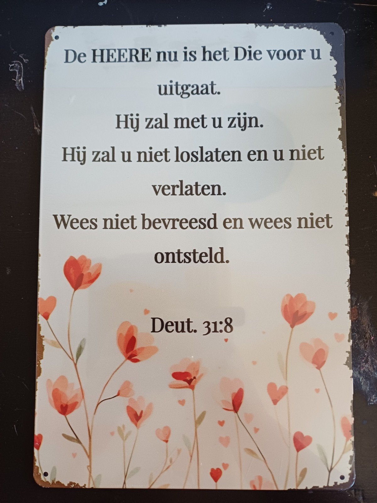 Metalen bord met Bijbeltekst Deut. 31:8 en bloemen, Verzamelen, Religie, Ophalen of Verzenden, Nieuw, Overige typen, Christendom | Protestants