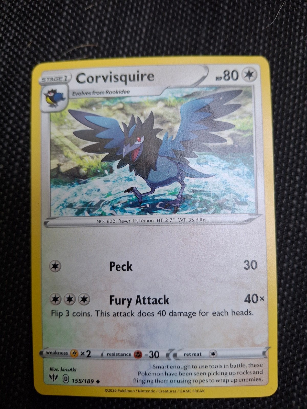 Corvisquire Pokémon Kaart - HP 80 - 155/189, Ophalen of Verzenden, Zo goed als nieuw, Losse kaart