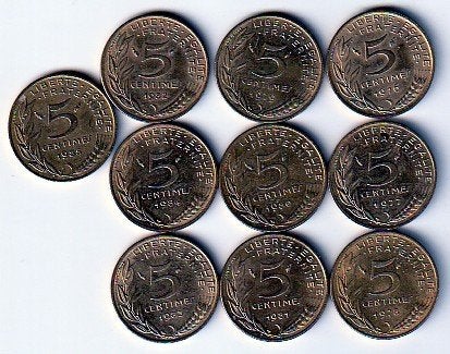 5  cent  div.jaren  Frankrijk. km. 933 ( 0,10 euro p.st.), Ophalen of Verzenden, Frankrijk, Losse munt