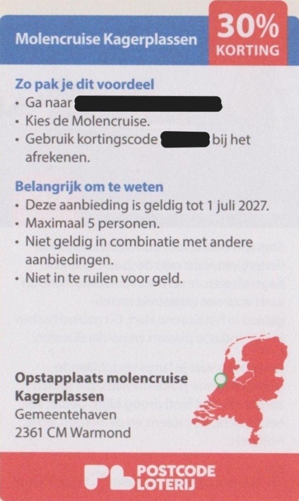 Molencruise Kagerplassen. 30% korting Postcodeloterij bon., Drie personen of meer, Kortingsbon
