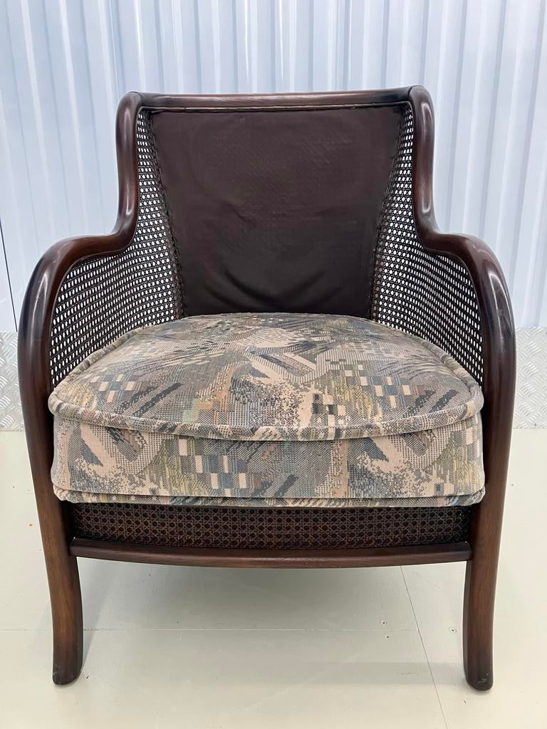 Vintage fauteuil met rotan en stoffen bekleding, Ophalen of Verzenden