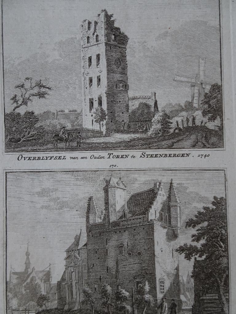 gravure oude toren, stadhuis kerk Steenbergen Spilman 1750, Antiek en Kunst, Kunst | Etsen en Gravures, Gravure, Origineel, Stadsgezicht