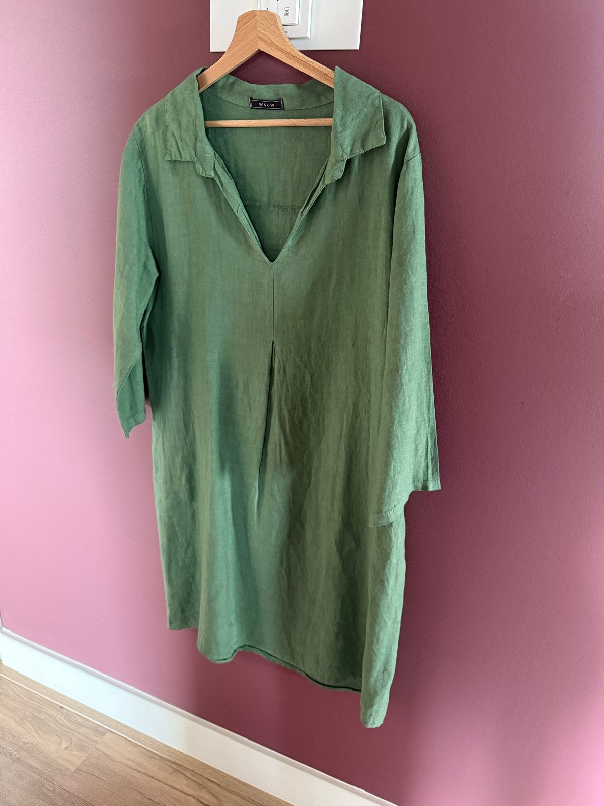 Groene linnen jurk met driekwart mouw - WAUM, Maat 42/44 (L), Ophalen of Verzenden, Zo goed als nieuw, Knielengte