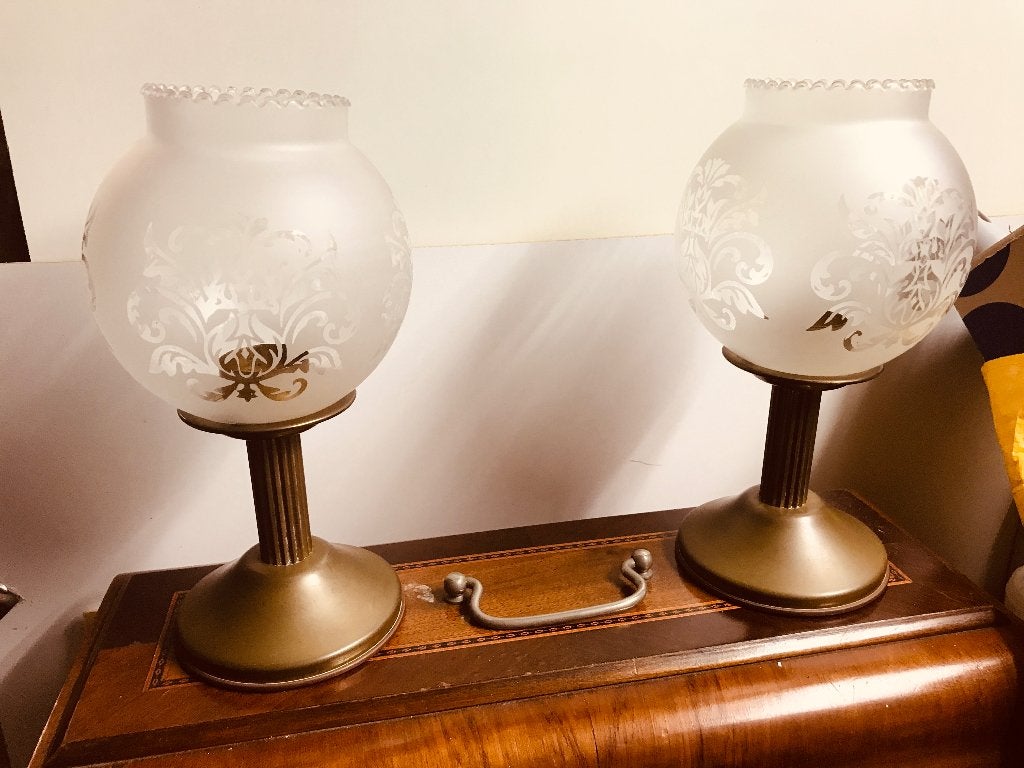 Set van 2 vintage kandelaars met glazen windlichten, Ophalen of Verzenden, Glas