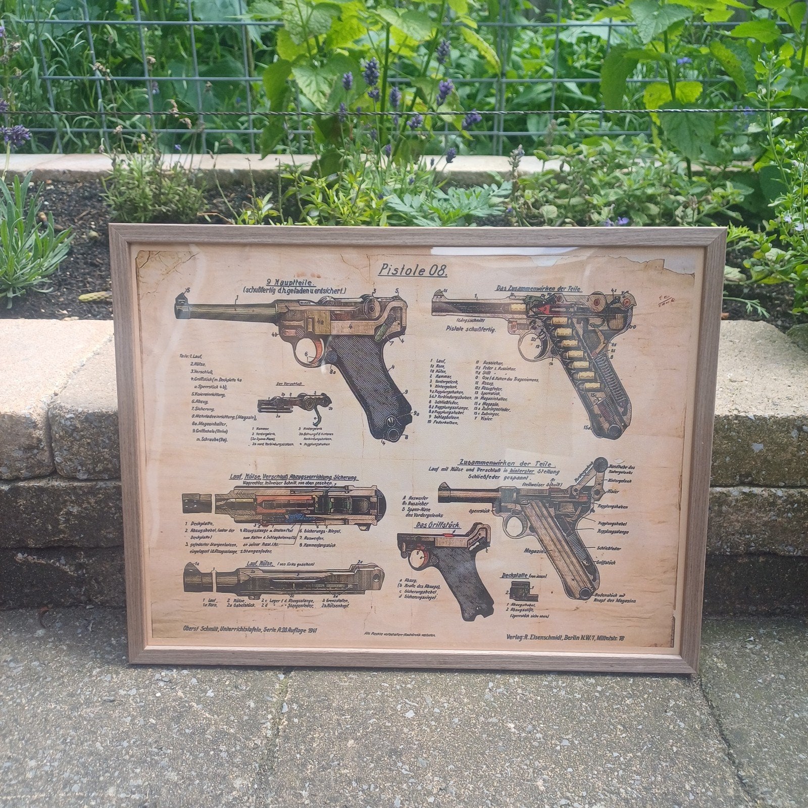 Vintage Prent Luger P08 Pistool Schema - Ingelijst, Ophalen of Verzenden
