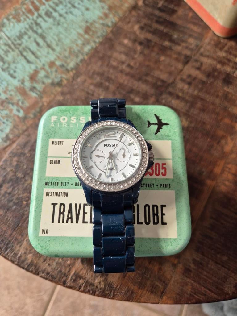 Fossil dames horloge blauw keramische band, Fossil, Polshorloge, Overige materialen, Ophalen of Verzenden