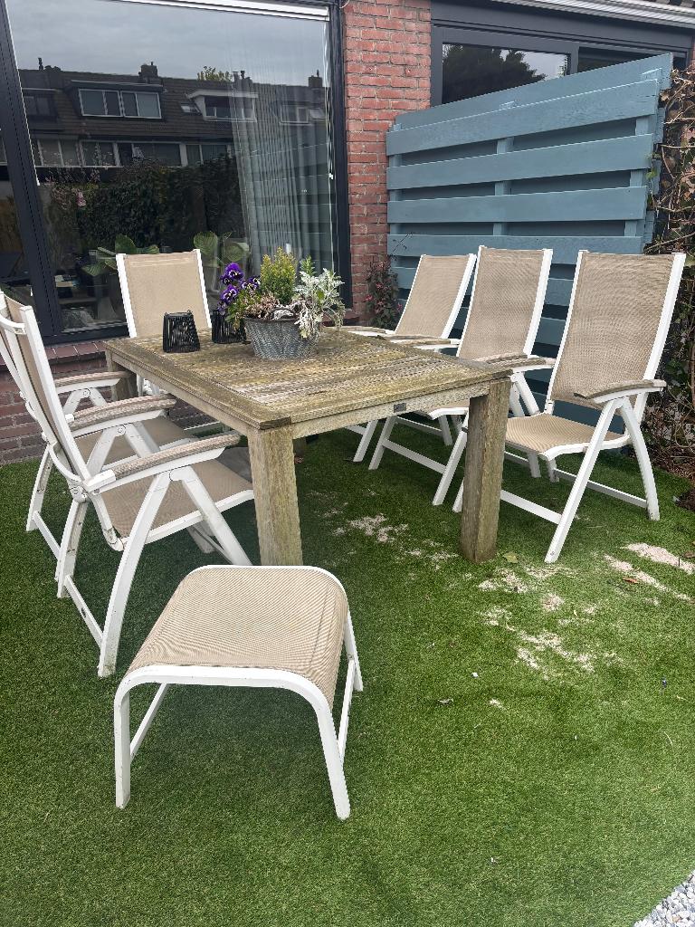 Tuinstoelen (6 stuks) met houten tafel, Tuin en Terras, Tuinstoelen, Ophalen, Gebruikt, Kunststof, Verstelbaar