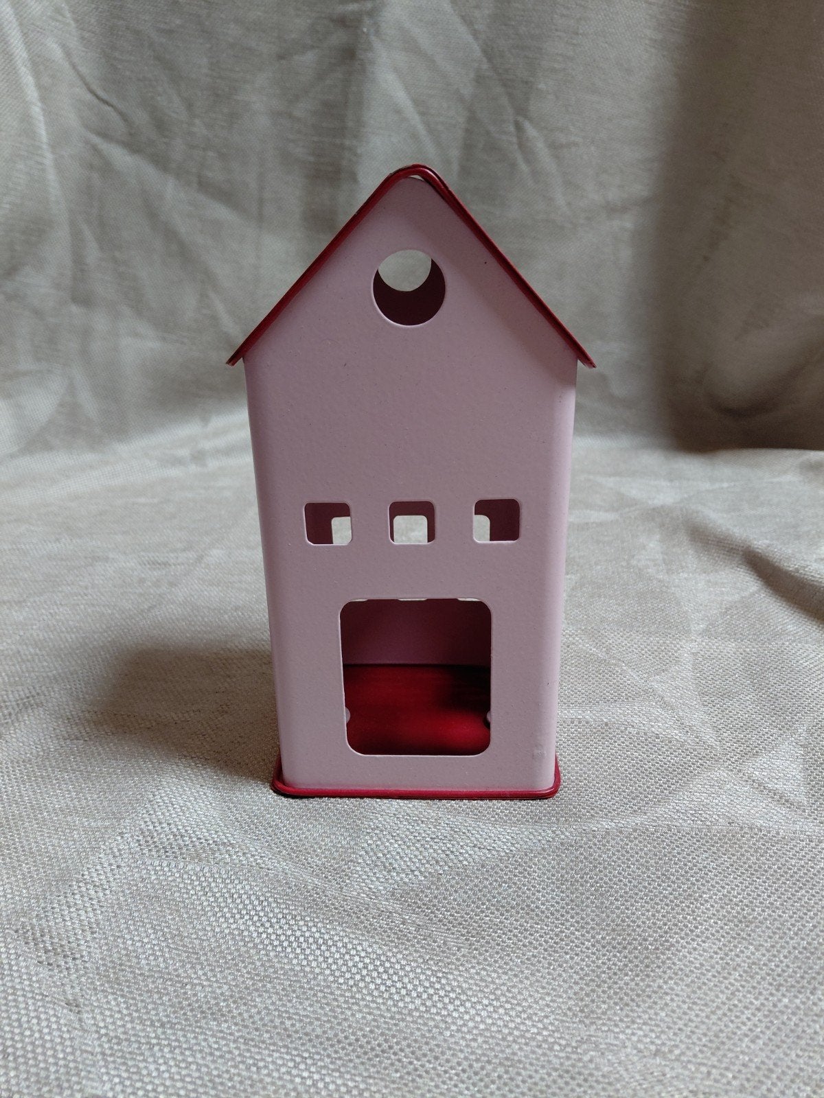 Roze metalen theelichthouder huisje, Huis en Inrichting, Woonaccessoires | Overige, Gebruikt, Overige stijlen, Roze, Ophalen of Verzenden