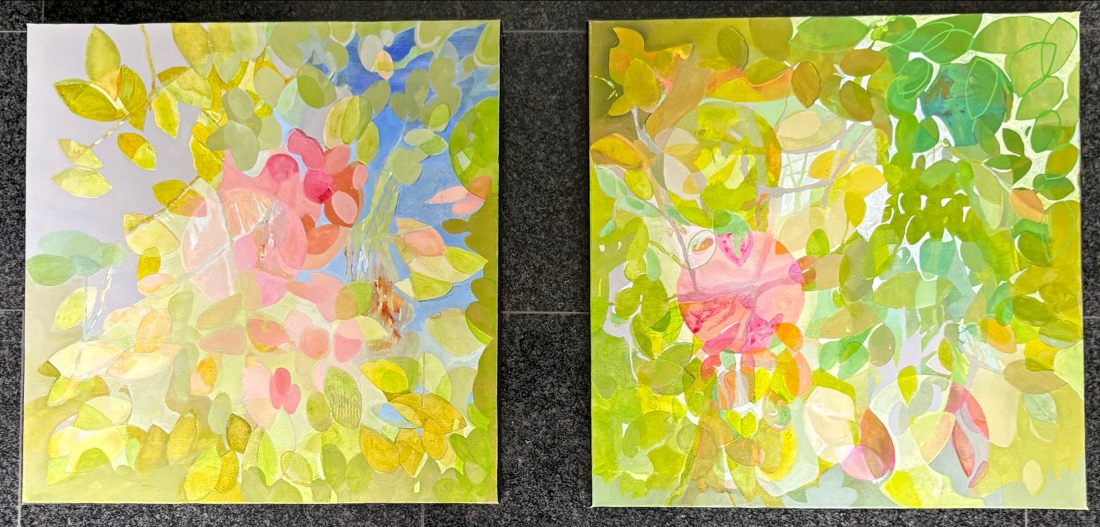 Abstracte bloemen en bladeren schilderijen (set van 2), Ophalen of Verzenden