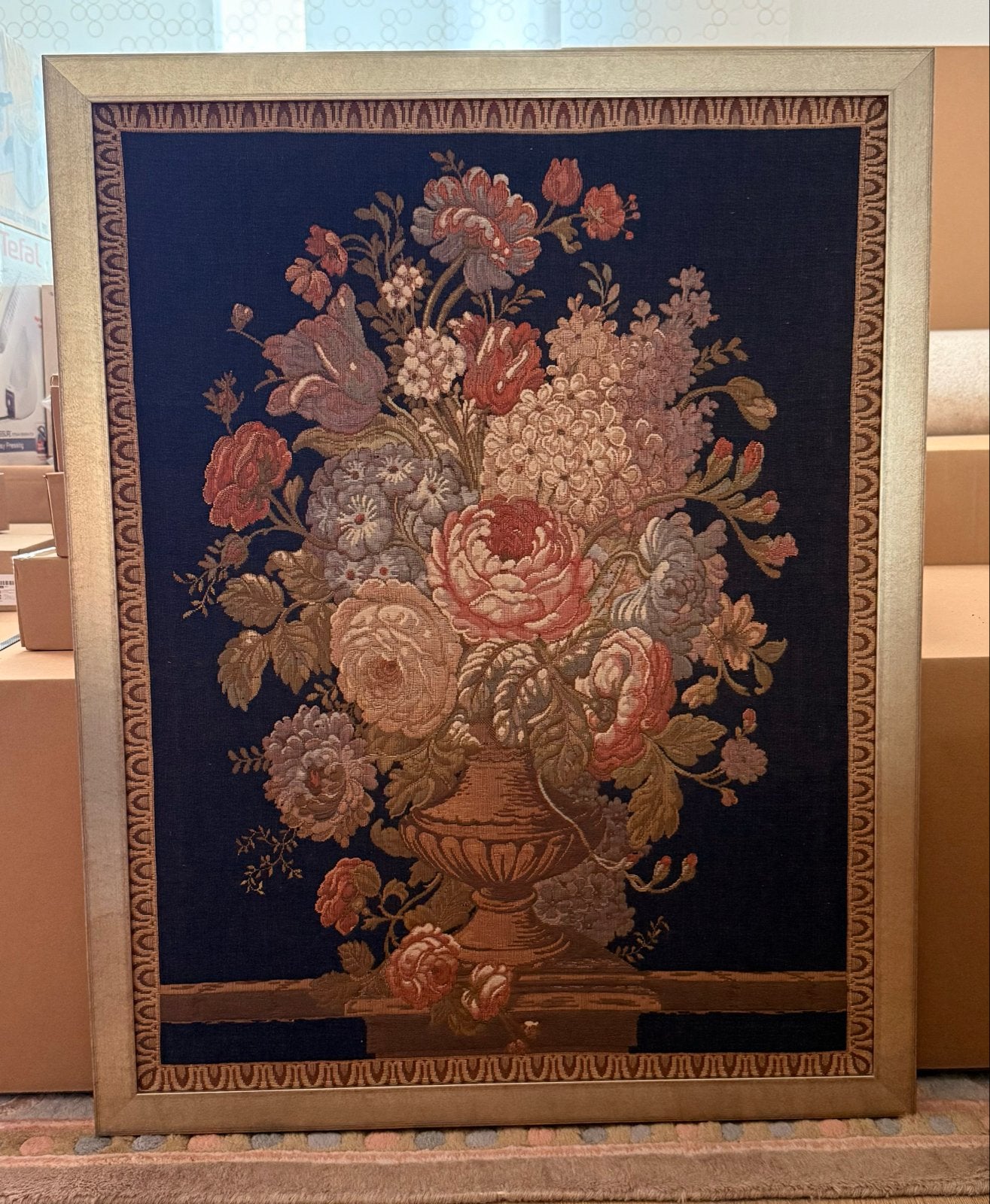 Vintage wandtapijt met bloemenvaas, ingelijst, Antiek en Kunst, Ophalen