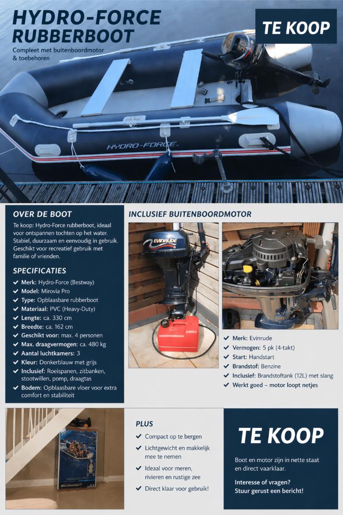 Rubberboot 330x162 (z.g.a. nieuw), Zo goed als nieuw, Benzine, Minder dan 70 pk, Overige materialen