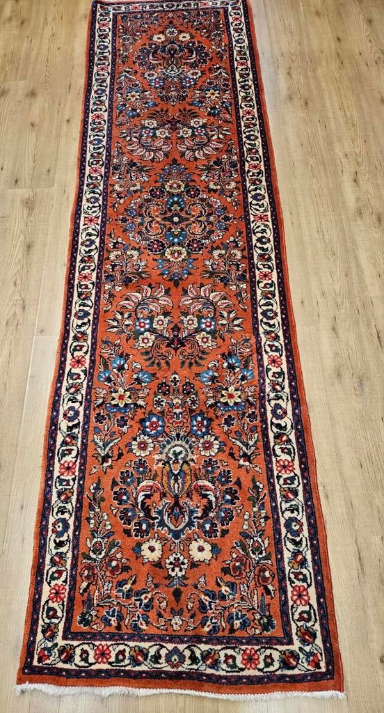 Vintage handgeknoopt perzisch tapijt loper sarough 306x83