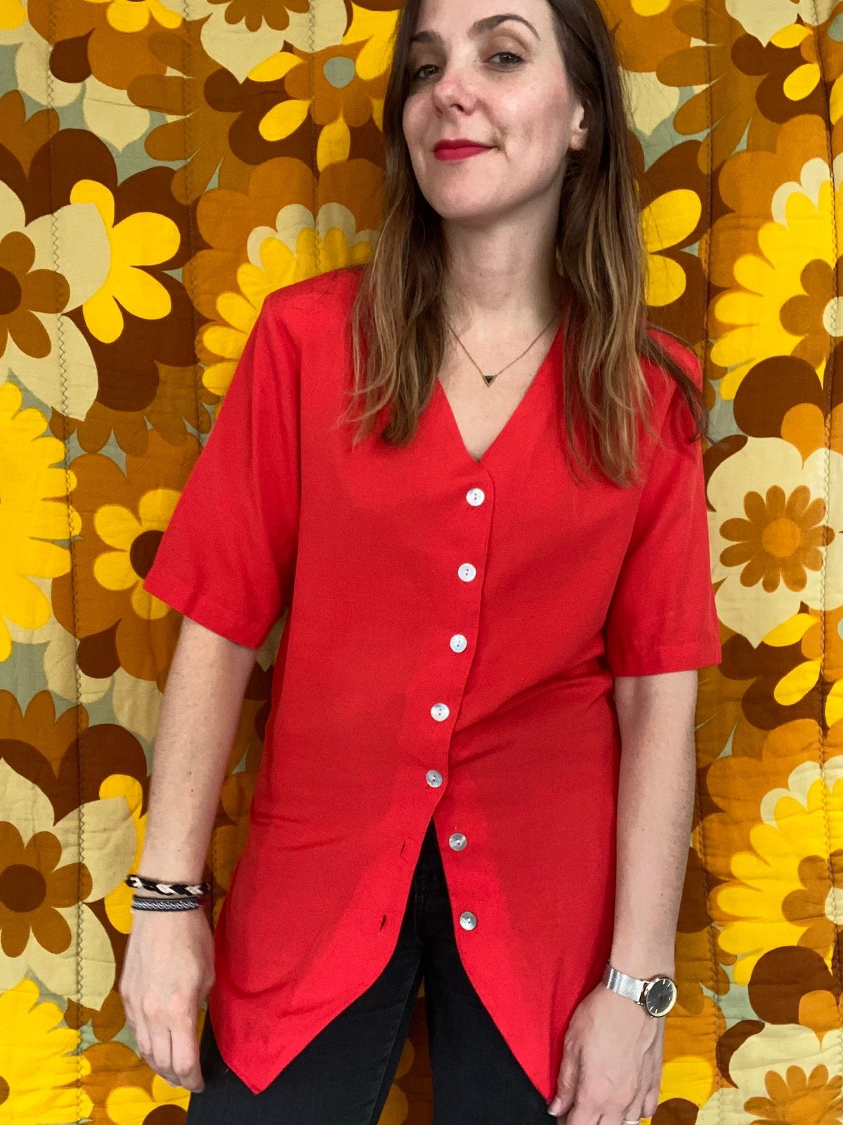 Vintage rode blouse - rood - 38/M/medium, Kleding | Dames, Maat 38/40 (M), Hgv, Hgv, Ophalen of Verzenden