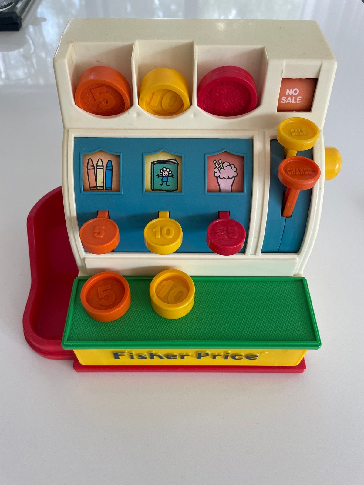 Vintage Fisher-Price kassa met muntjes (mist 1 rood muntje), Ophalen, Gebruikt, Jongen of Meisje