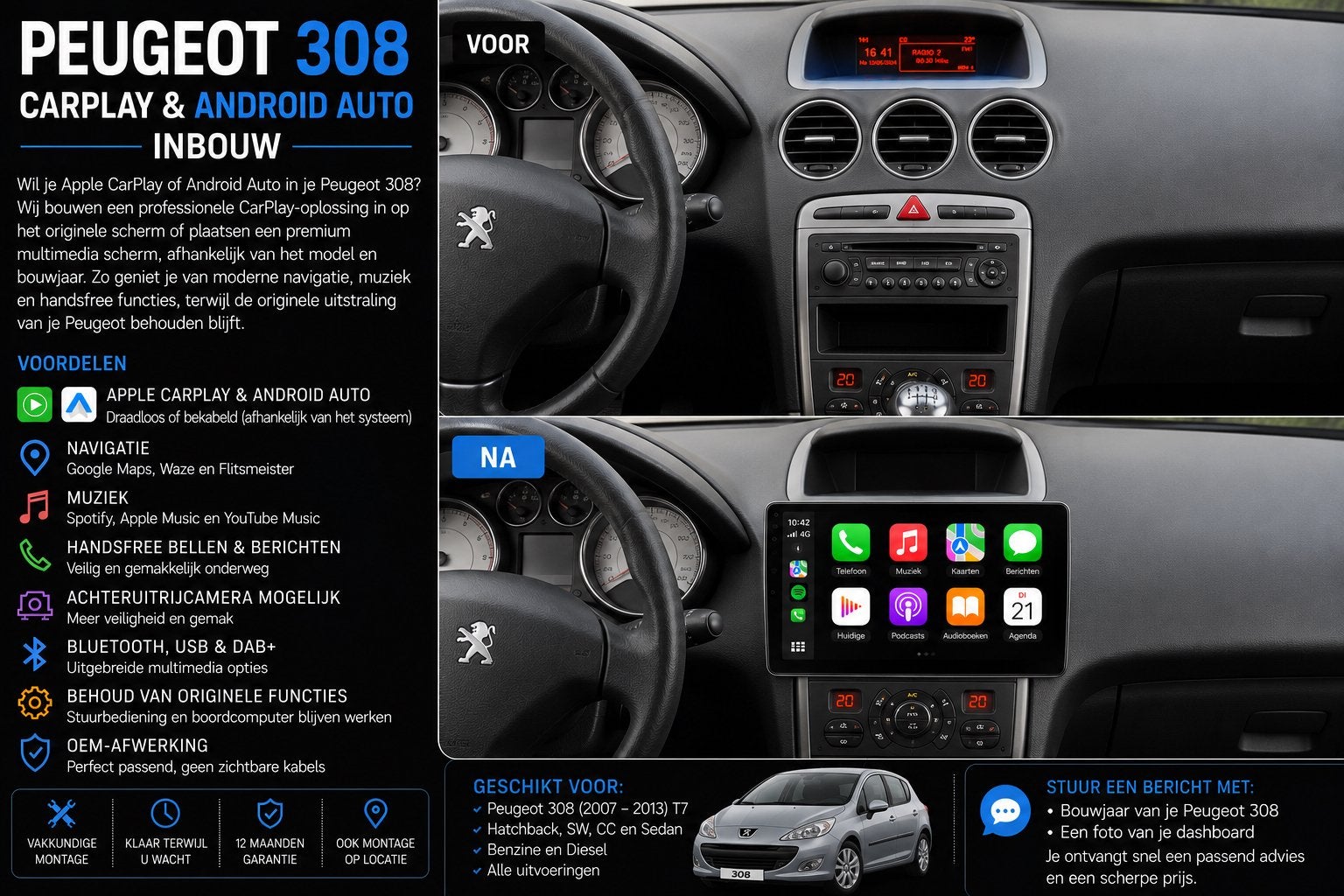 Peugeot 308 CarPlay & Android Auto Inbouw, Auto diversen, Autoradio's, Ophalen, Nieuw