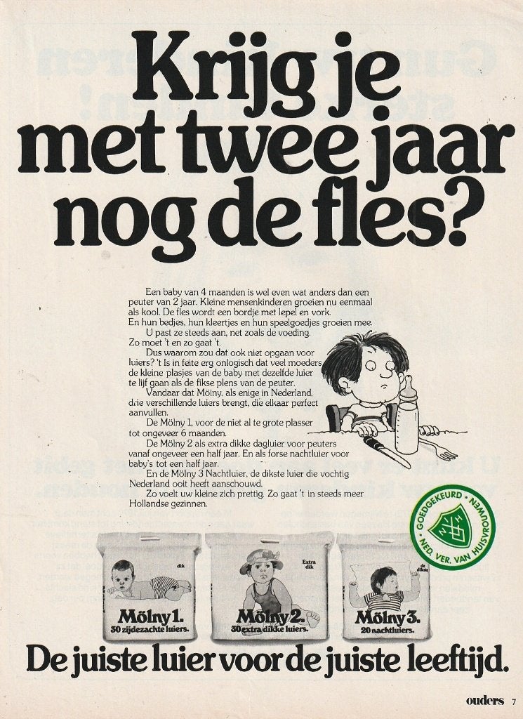 Retro reclame 1974 Mölny baby luiers krijgt hij nog de fles, Verzenden, Overige typen