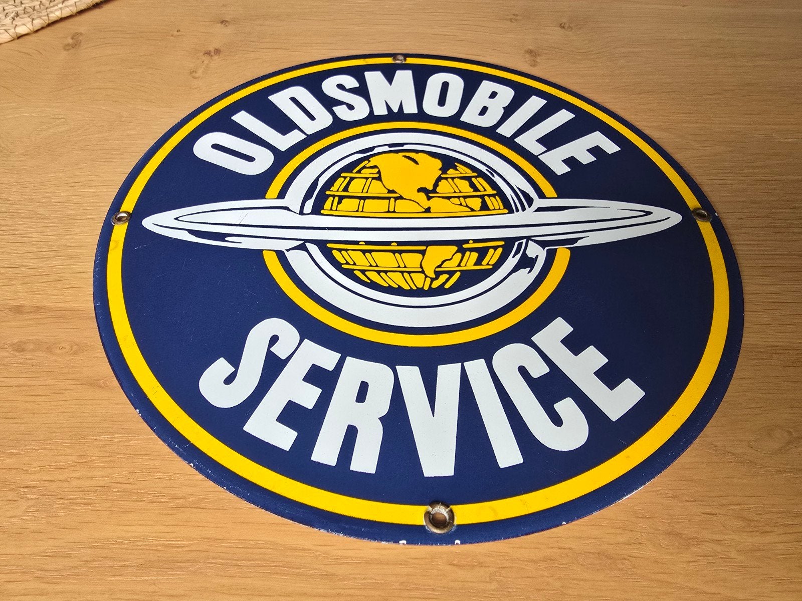 Prachtige rond Oldsmobile service emaille bord in topstaat, Verzamelen, Ophalen of Verzenden, Zo goed als nieuw, Reclamebord