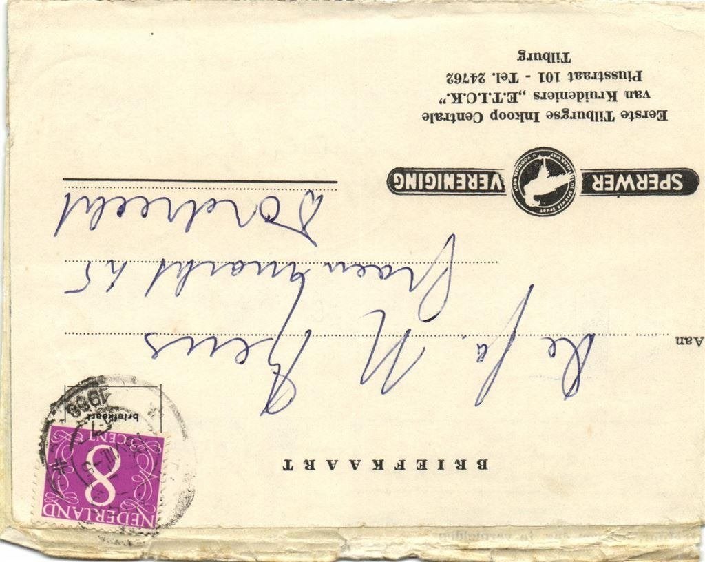 Sperwer Vereniging, Tilburg - 08.1958 - briefkaart, Ophalen of Verzenden, Briefkaart