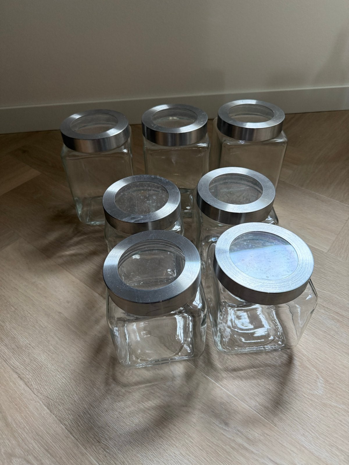 Set van 6 glazen voorraadpotten met metalen deksel, Huis en Inrichting, Keuken | Keukenbenodigdheden, Ophalen, Zilver, Voorraadpot