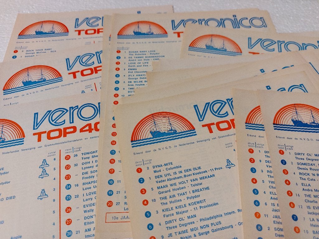 Top 40 velletjes Radio Veronica 1974 - 36 stuks, Verzamelen, Muziek, Artiesten en Beroemdheden, Gebruikt, Top 40, Ophalen of Verzenden