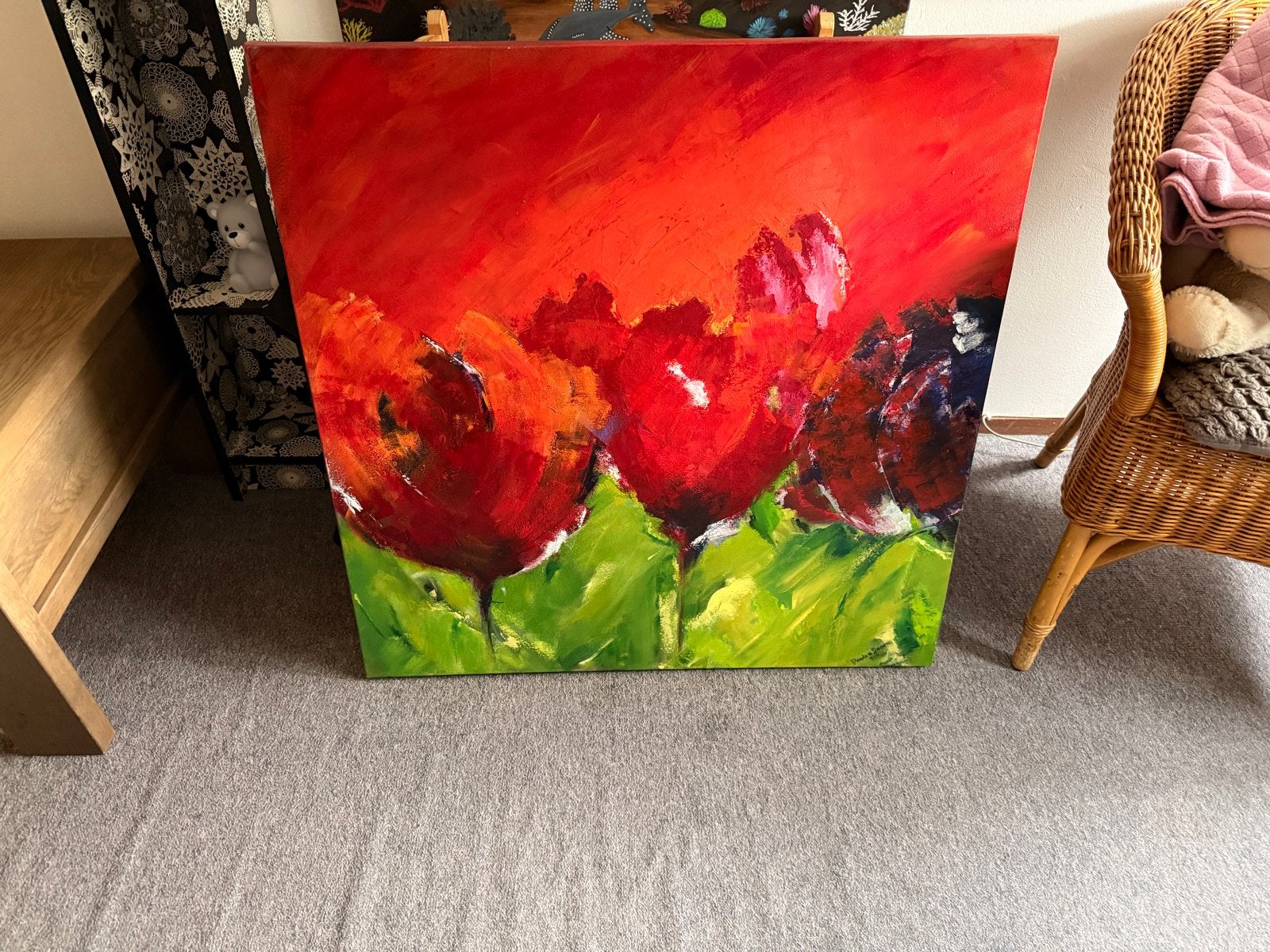 Levendig Rood Tulpen Schilderij - Acryl op Canvas, Ophalen, Acrylverf, Handgeschilderd, Bloemen